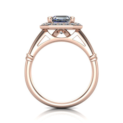 Miracle square emerald halo engagement ring in 14K Rose Gold, through-finger front profile showing the peaked open cathedral gallery beneath the halo and the smooth band