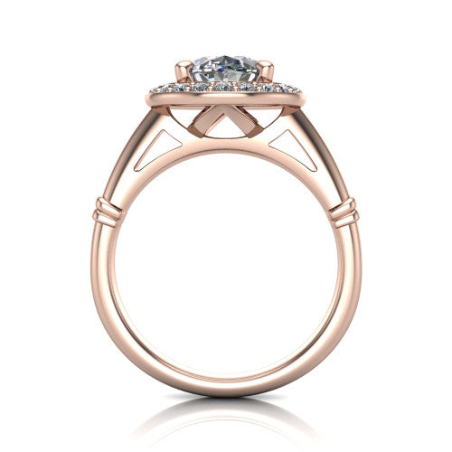 Miracle oval halo engagement ring in 18K Rose Gold, through-finger front profile showing the peaked open cathedral gallery beneath the halo and the smooth band