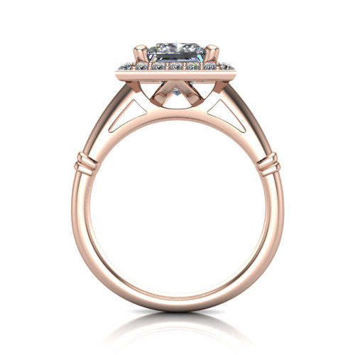 Miracle princess halo engagement ring in 18K Rose Gold, through-finger front profile showing the peaked open cathedral gallery beneath the halo and the smooth band