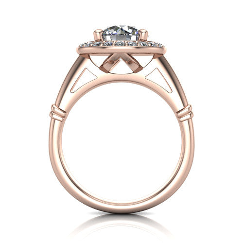 Miracle round halo engagement ring in 14K Rose Gold, through-finger front profile showing the peaked open cathedral gallery beneath the halo and the smooth band