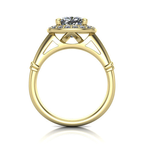 Miracle cushion halo engagement ring in 14K Yellow Gold, through-finger front profile showing the peaked open cathedral gallery beneath the halo and the smooth band