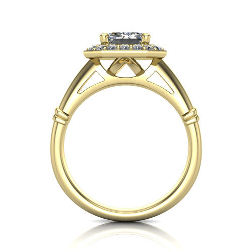 Miracle emerald halo engagement ring in 18K Yellow Gold, through-finger front profile showing the peaked open cathedral gallery beneath the halo and the smooth band
