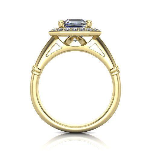 Miracle square emerald halo engagement ring in 14K Yellow Gold, through-finger front profile showing the peaked open cathedral gallery beneath the halo and the smooth band