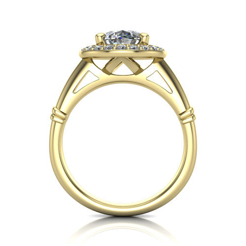 Miracle oval halo engagement ring in 14K Yellow Gold, through-finger front profile showing the peaked open cathedral gallery beneath the halo and the smooth band