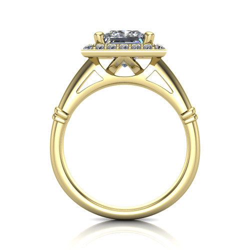 Miracle princess halo engagement ring in 18K Yellow Gold, through-finger front profile showing the peaked open cathedral gallery beneath the halo and the smooth band