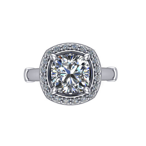 Miracle cushion halo engagement ring in Platinum, top-down view showing the center framed by a pav&eacute; halo with compass prongs