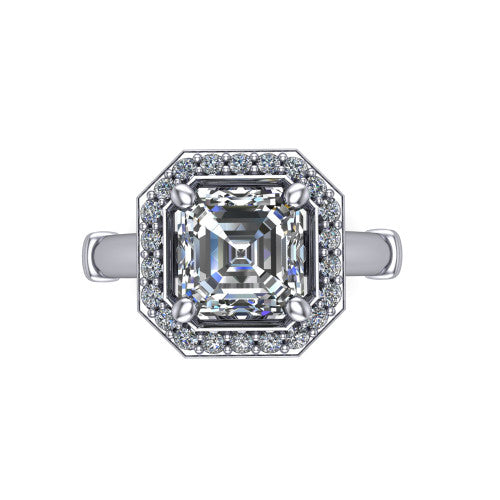 Miracle square emerald halo engagement ring in Platinum, top-down view showing the center framed by a pav&eacute; halo with compass prongs