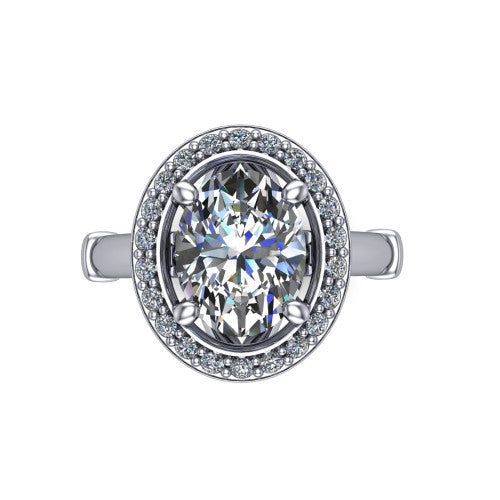 Miracle oval halo engagement ring in 14K White Gold, top-down view showing the center framed by a pav&eacute; halo with compass prongs