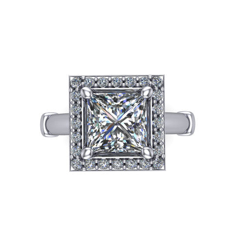 Miracle princess halo engagement ring in 14K White Gold, top-down view showing the center framed by a pav&eacute; halo with compass prongs