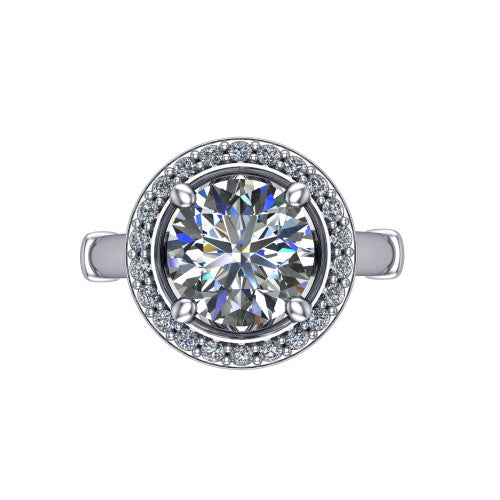 Miracle round halo engagement ring in Platinum, top-down view showing the center framed by a pav&eacute; halo with compass prongs