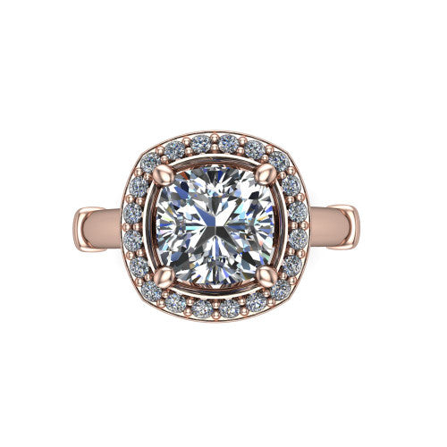 Miracle cushion halo engagement ring in 14K Rose Gold, top-down view showing the center framed by a pav&eacute; halo with compass prongs
