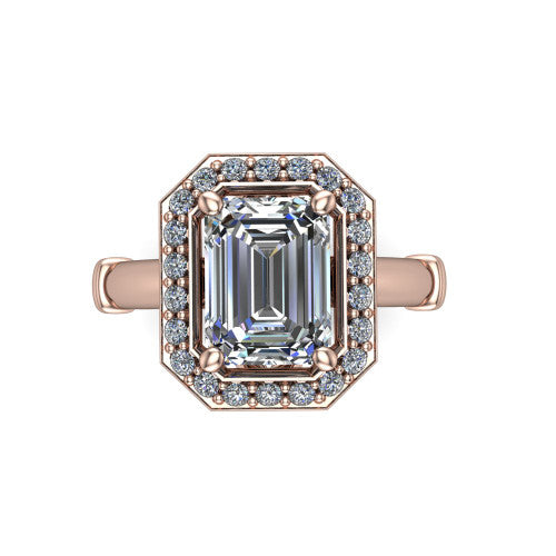 Miracle emerald halo engagement ring in 18K Rose Gold, top-down view showing the center framed by a pav&eacute; halo with compass prongs