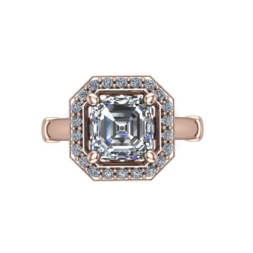Miracle square emerald halo engagement ring in 18K Rose Gold, top-down view showing the center framed by a pav&eacute; halo with compass prongs