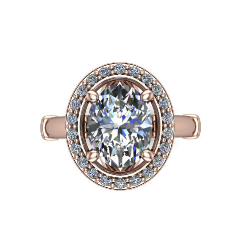 Miracle oval halo engagement ring in 18K Rose Gold, top-down view showing the center framed by a pav&eacute; halo with compass prongs