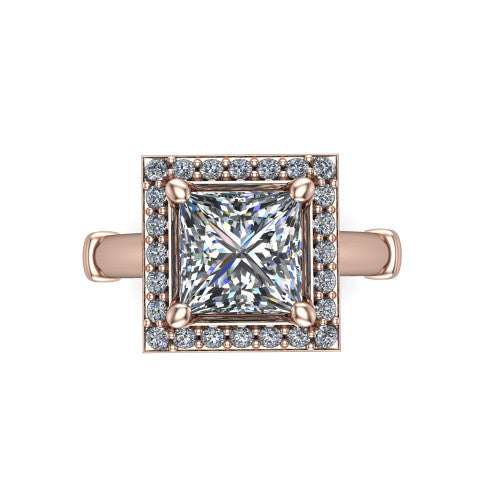 Miracle princess halo engagement ring in 18K Rose Gold, top-down view showing the center framed by a pav&eacute; halo with compass prongs