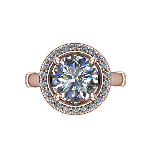 Miracle round halo engagement ring in 14K Rose Gold, top-down view showing the center framed by a pav&eacute; halo with compass prongs