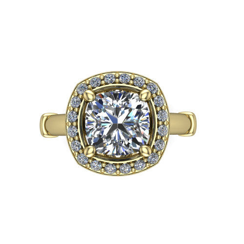 Miracle cushion halo engagement ring in 14K Yellow Gold, top-down view showing the center framed by a pav&eacute; halo with compass prongs