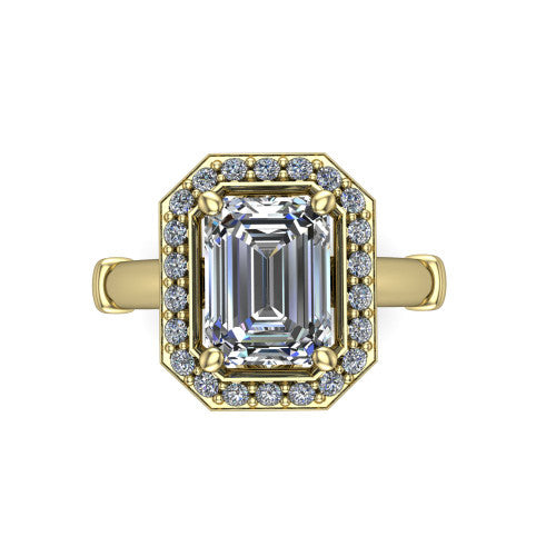 Miracle emerald halo engagement ring in 14K Yellow Gold, top-down view showing the center framed by a pav&eacute; halo with compass prongs
