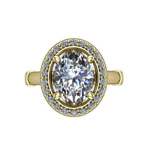 Miracle oval halo engagement ring in 14K Yellow Gold, top-down view showing the center framed by a pav&eacute; halo with compass prongs