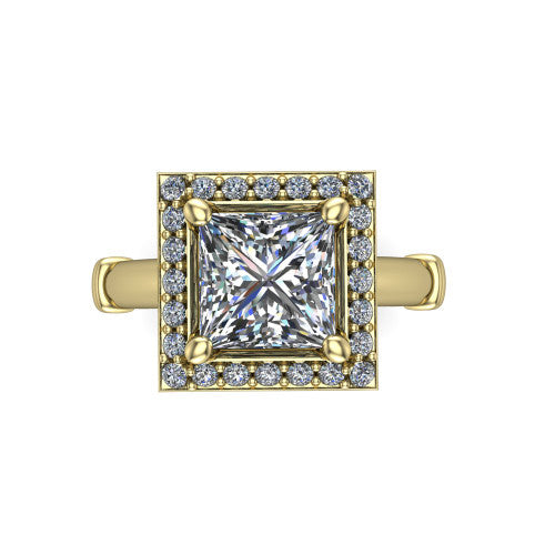 Miracle princess halo engagement ring in 18K Yellow Gold, top-down view showing the center framed by a pav&eacute; halo with compass prongs