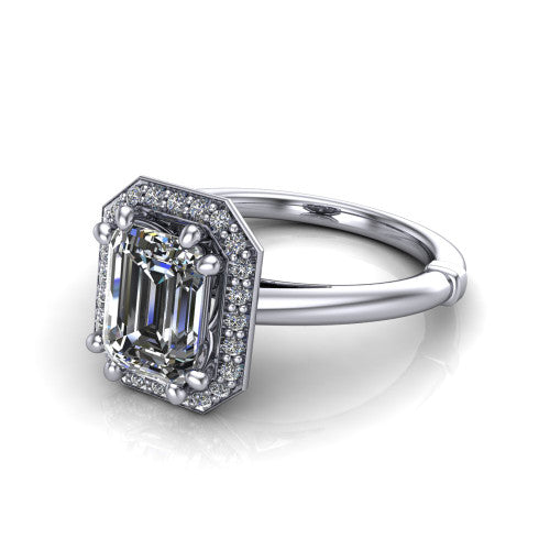 Journey emerald halo engagement ring in 14K White Gold, three-quarter perspective showing the haloed center raised above a plain polished band