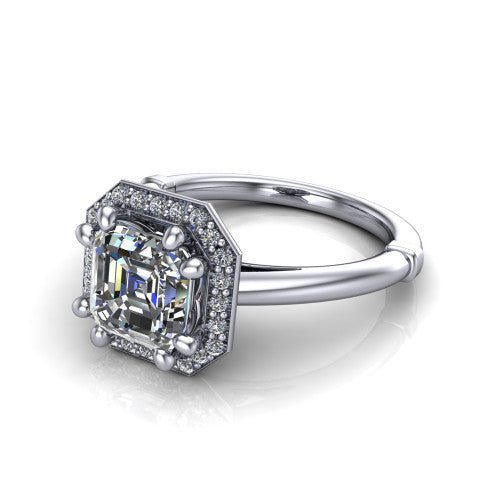 Journey square emerald halo engagement ring in 14K White Gold, three-quarter perspective showing the haloed center raised above a plain polished band