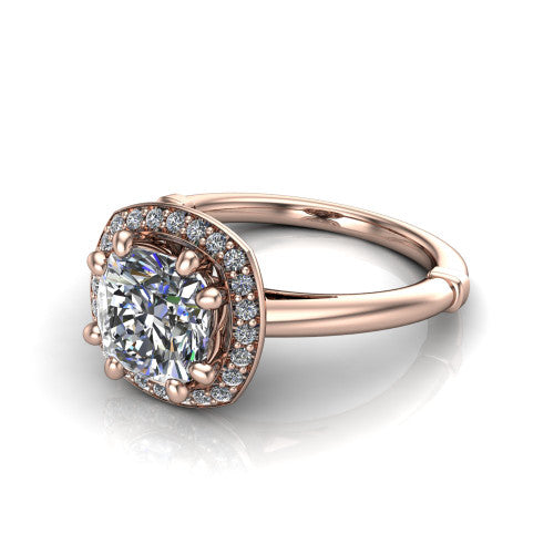 Journey cushion halo engagement ring in 14K Rose Gold, three-quarter perspective showing the haloed center raised above a plain polished band