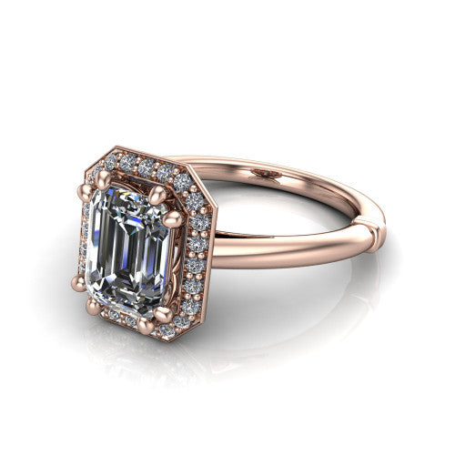 Journey emerald halo engagement ring in 14K Rose Gold, three-quarter perspective showing the haloed center raised above a plain polished band