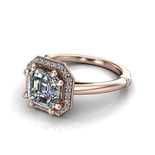 Journey square emerald halo engagement ring in 18K Rose Gold, three-quarter perspective showing the haloed center raised above a plain polished band