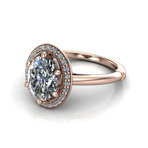 Journey oval halo engagement ring in 14K Rose Gold, three-quarter perspective showing the haloed center raised above a plain polished band