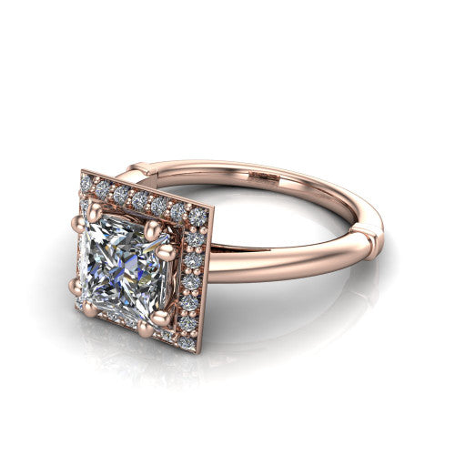 Journey princess halo engagement ring in 14K Rose Gold, three-quarter perspective showing the haloed center raised above a plain polished band