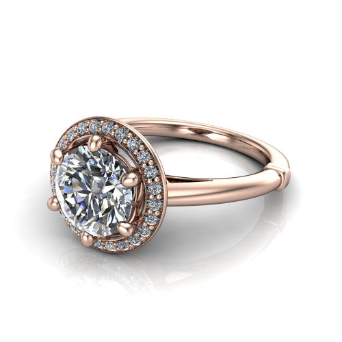 Journey round halo engagement ring in 18K Rose Gold, three-quarter perspective showing the haloed center raised above a plain polished band