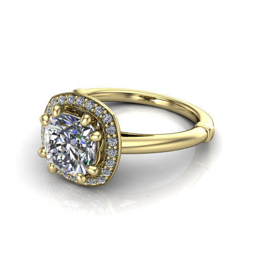 Journey cushion halo engagement ring in 14K Yellow Gold, three-quarter perspective showing the haloed center raised above a plain polished band