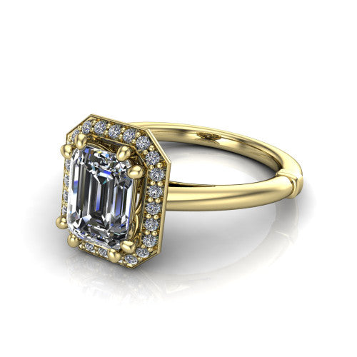 Journey emerald halo engagement ring in 18K Yellow Gold, three-quarter perspective showing the haloed center raised above a plain polished band