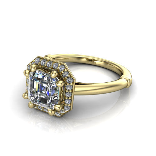 Journey square emerald halo engagement ring in 18K Yellow Gold, three-quarter perspective showing the haloed center raised above a plain polished band