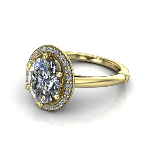 Journey oval halo engagement ring in 18K Yellow Gold, three-quarter perspective showing the haloed center raised above a plain polished band