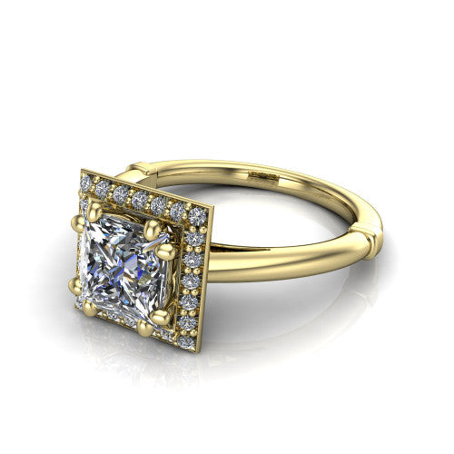Journey princess halo engagement ring in 18K Yellow Gold, three-quarter perspective showing the haloed center raised above a plain polished band