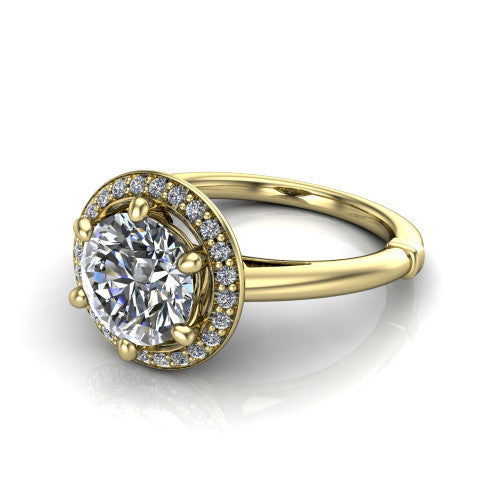 Journey round halo engagement ring in 14K Yellow Gold, three-quarter perspective showing the haloed center raised above a plain polished band