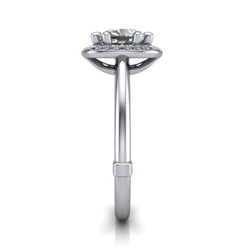 Journey cushion halo engagement ring in 14K White Gold, side profile showing the open cathedral under-gallery and the plain polished shank