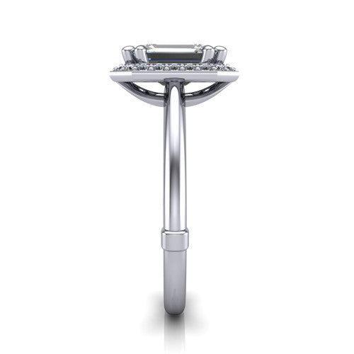 Journey emerald halo engagement ring in 18K White Gold, side profile showing the open cathedral under-gallery and the plain polished shank