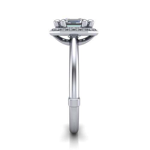 Journey square emerald halo engagement ring in Platinum, side profile showing the open cathedral under-gallery and the plain polished shank