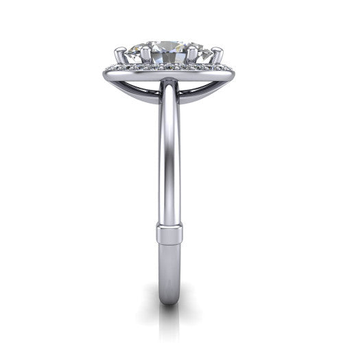 Journey oval halo engagement ring in 14K White Gold, side profile showing the open cathedral under-gallery and the plain polished shank