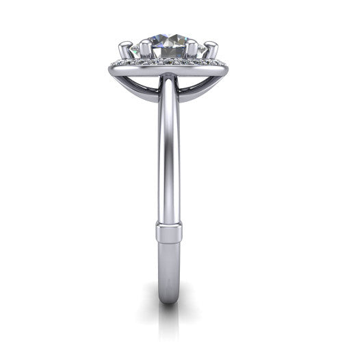 Journey round halo engagement ring in Platinum, side profile showing the open cathedral under-gallery and the plain polished shank