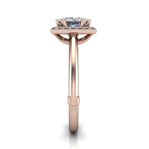 Journey princess halo engagement ring in 14K Rose Gold, side profile showing the open cathedral under-gallery and the plain polished shank
