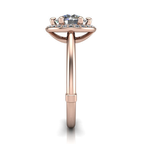 Journey round halo engagement ring in 14K Rose Gold, side profile showing the open cathedral under-gallery and the plain polished shank