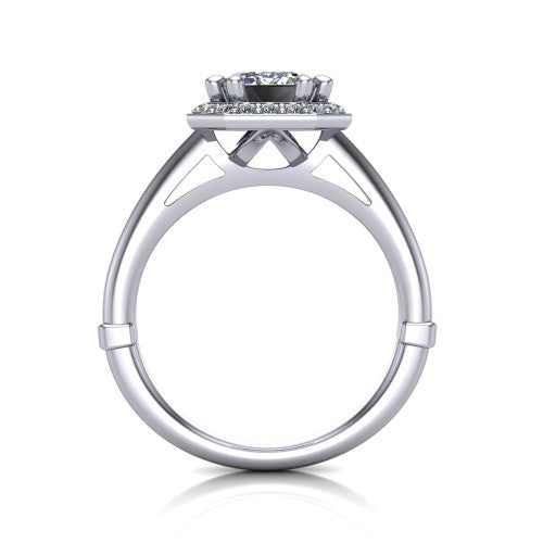 Journey emerald halo engagement ring in 14K White Gold, through-finger front profile showing the halo head and the pierced cathedral gallery above a smooth band