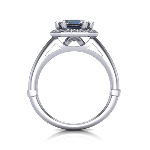 Journey square emerald halo engagement ring in 18K White Gold, through-finger front profile showing the halo head and the pierced cathedral gallery above a smooth band