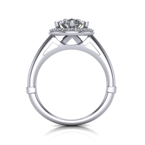 Journey oval halo engagement ring in 18K White Gold, through-finger front profile showing the halo head and the pierced cathedral gallery above a smooth band