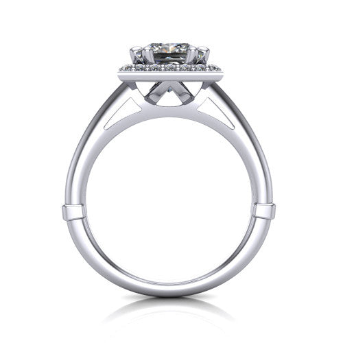 Journey princess halo engagement ring in 14K White Gold, through-finger front profile showing the halo head and the pierced cathedral gallery above a smooth band