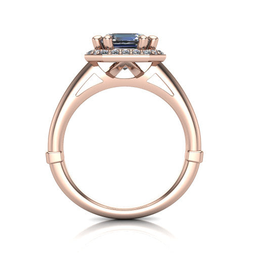 Journey square emerald halo engagement ring in 14K Rose Gold, through-finger front profile showing the halo head and the pierced cathedral gallery above a smooth band